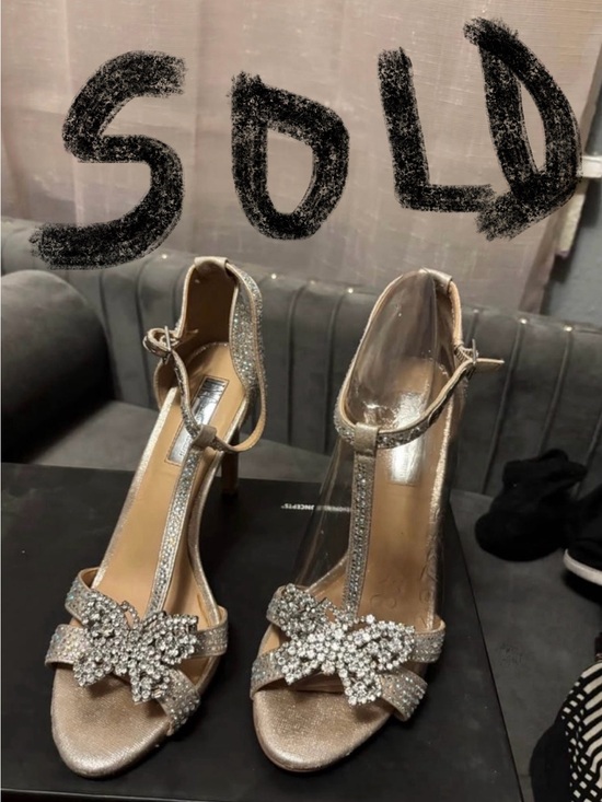 INC International Concepts Shoes - INC International Concepts Glitter Champagne T-Strap Heels with Crystal Bow